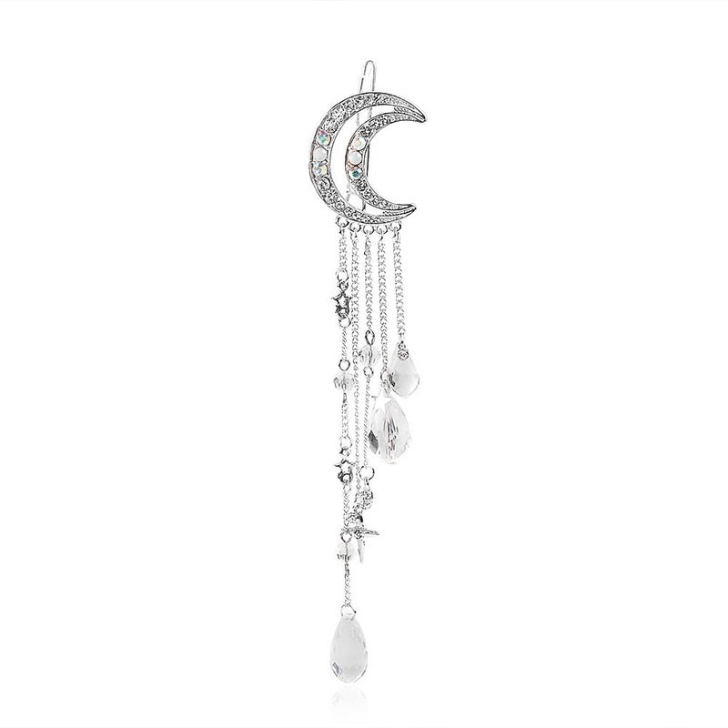 Queenland Romantic Crescent Moon Star Crystal Dangle Hairpin Rhinestone Beads Hair Clips Bridal Jewelry Tassel Drop Hair Pins Bobby Pins For Women Girls Hair Accessories (Silver) - Image 1